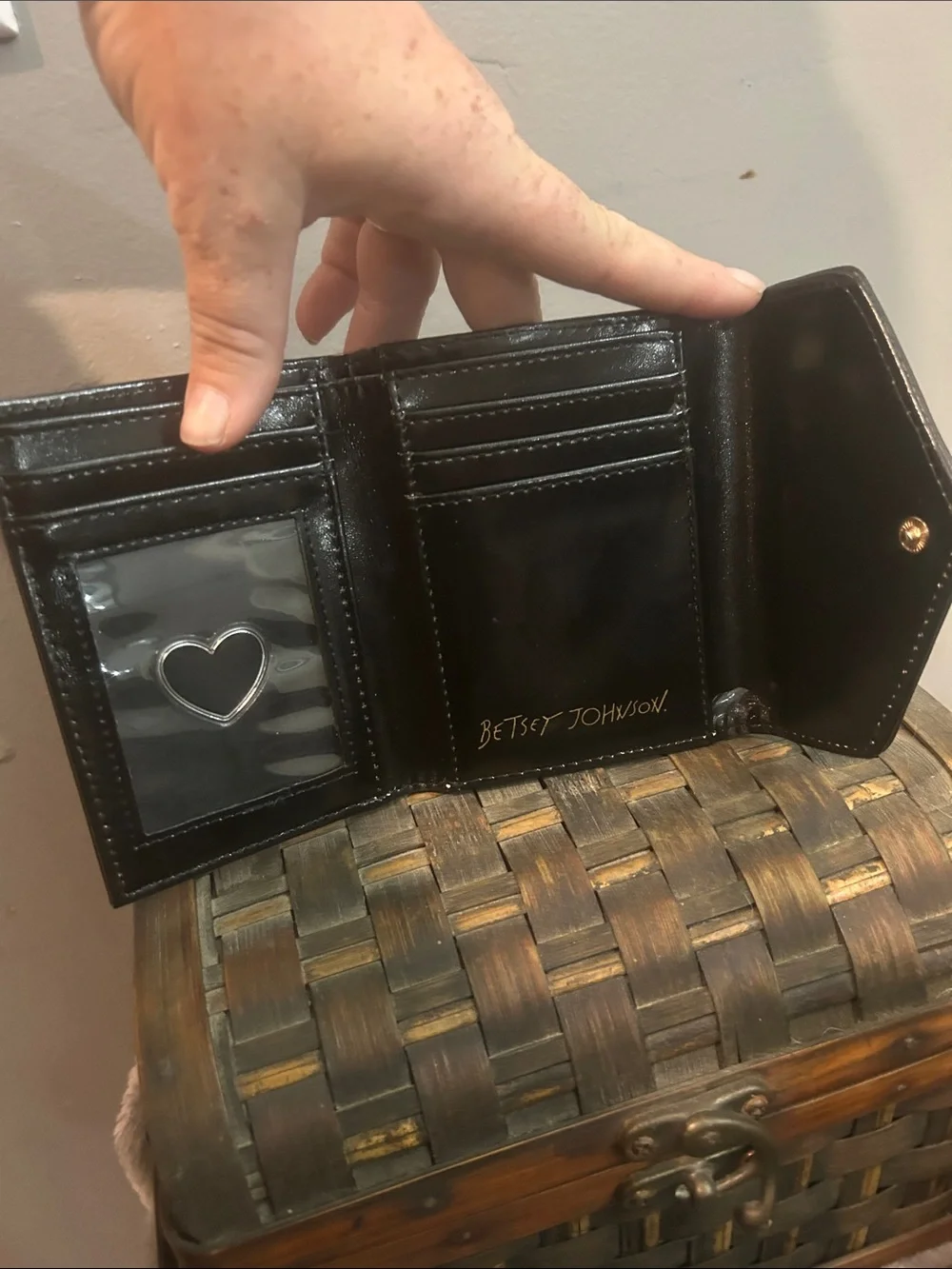 Betsey Johnson Black Pebbled Envelope Wallet with Gold Script Logo
